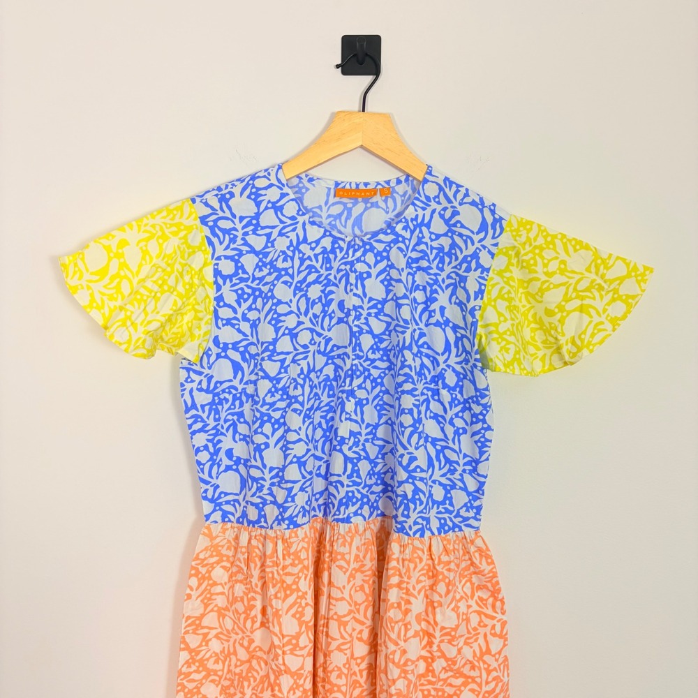 Oliphant 3042V V Neck Puff Sleeve Maxi Dress Canary Colorblock Floral Tiered S - Picture 3 of 9